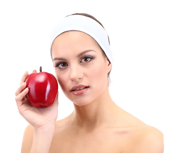 Junge Frau mit fruit.concept: Gesichtsfruchtmasken. isoliert auf weiß — Stockfoto