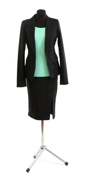 Turquoise blouse and black skirt with coat on mannequin isolated on white — Stock Photo, Image