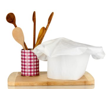 şef şapkasını üzerine beyaz izole kaşık ile