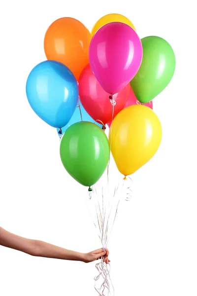 Hand hält bunte Luftballons isoliert auf weiß — Stockfoto