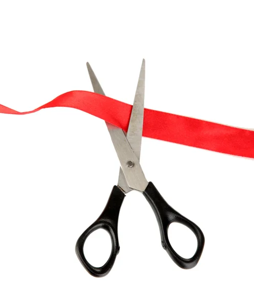 Cutting red ribbon isolated on white — Stock Photo, Image