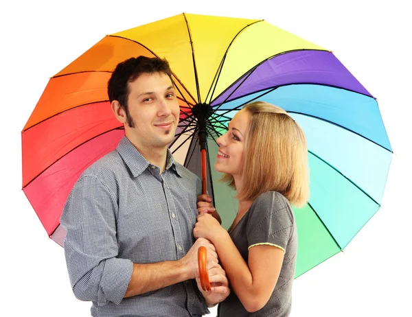 Casal amoroso com guarda-chuva isolado no branco — Fotografia de Stock