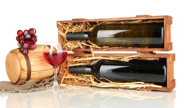 Wooden case with wine bottle, barrel, wineglass and grape isolated on white — Stock Photo, Image