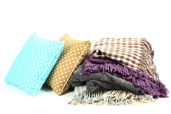 Plaids and color pillows, isolated on white — Stock Photo, Image