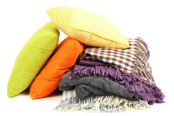 Plaids and color pillows, isolated on white — Stock Photo, Image