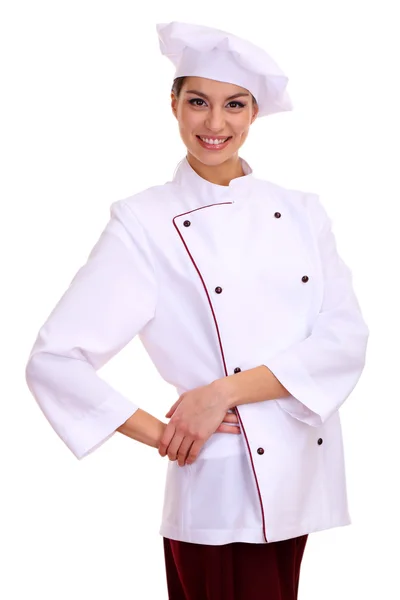 Portrait of young woman chef isolated on white — Stock Photo, Image