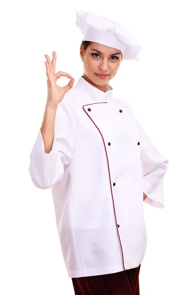 Portrait of young woman chef isolated on white — Stock Photo, Image