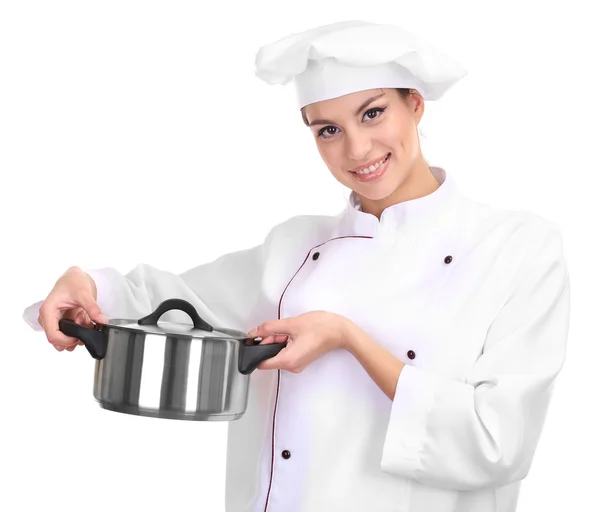 Retrato de mujer joven chef con sartén aislada en blanco — Foto de Stock