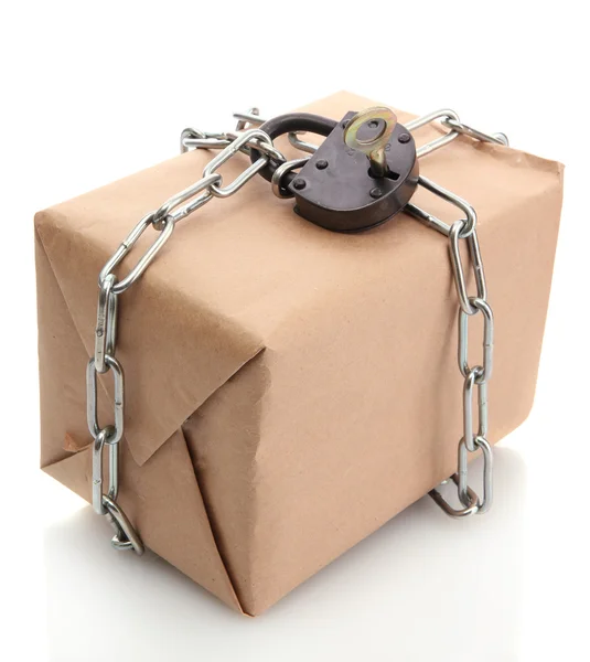 Parcel with chain and padlock, isolated on white — Stock Photo, Image