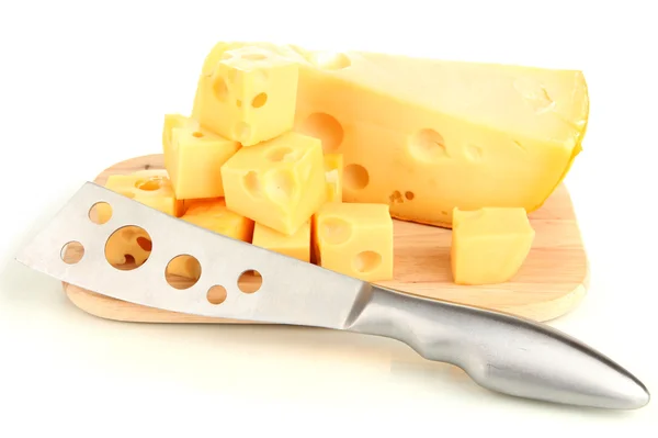 Cut cheese with knife on board isolated on white Stock Image