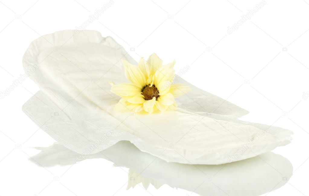 Panty liner and yellow flower isolated on white