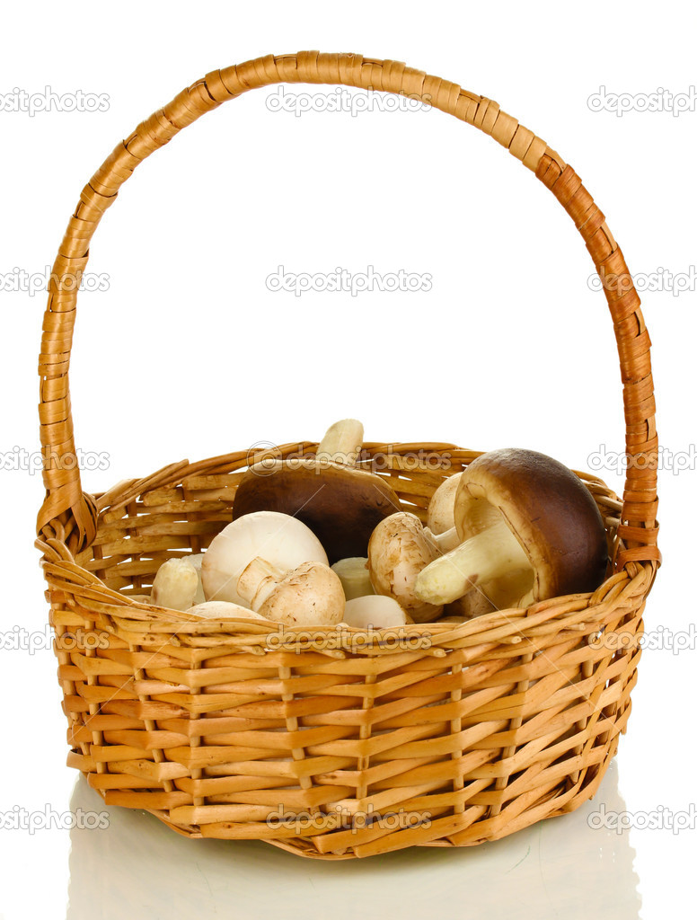 Fresh mushrooms in basket isolated on white