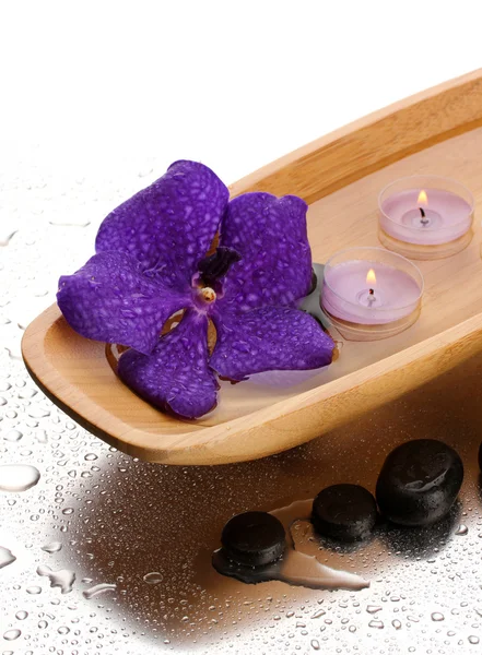 Spa stones and wooden bowl with candles and purple flower, on wet background — Stock Photo, Image