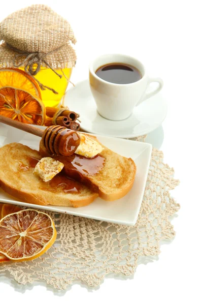 Torrada de pão branco com mel e xícara de café, isolada em branco — Fotografia de Stock