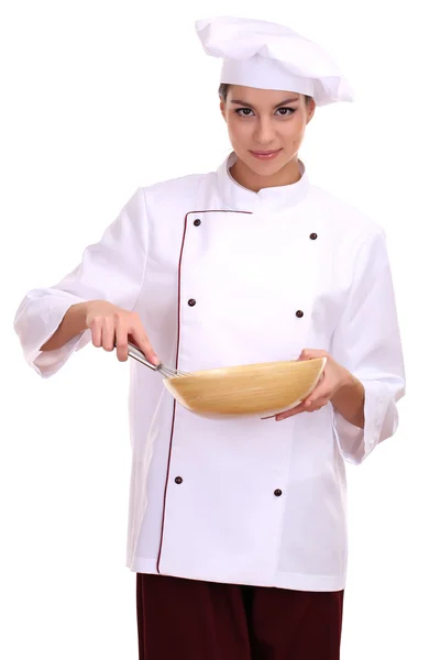 Portrait de jeune femme chef avec wisk isolé sur blanc — Photo