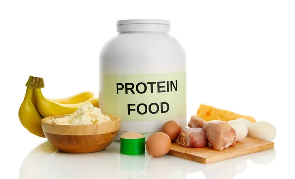 Jar of protein powder and food with protein, isolated on white — Stock Photo, Image