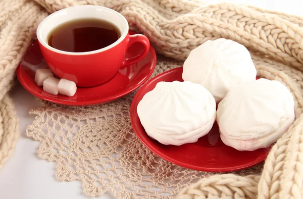 Taza de té con bufanda de cerca — Foto de Stock