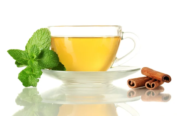 Cup of tea with mint and cinnamon isolated on white — Stock Photo, Image