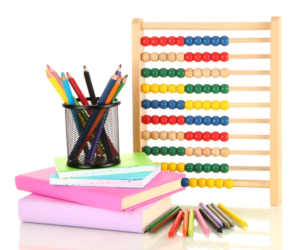 Juguete de madera brillante ábaco, libros y lápices, aislado en blanco — Foto de Stock