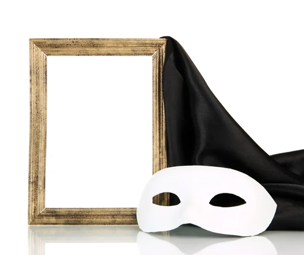 Maschera bianca, cornice vuota e tessuto di seta nero, isolato su bianco — Foto Stock