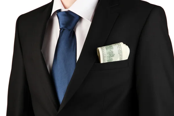 Гроші в кишені бізнесмена на сірому фоні — стокове фото