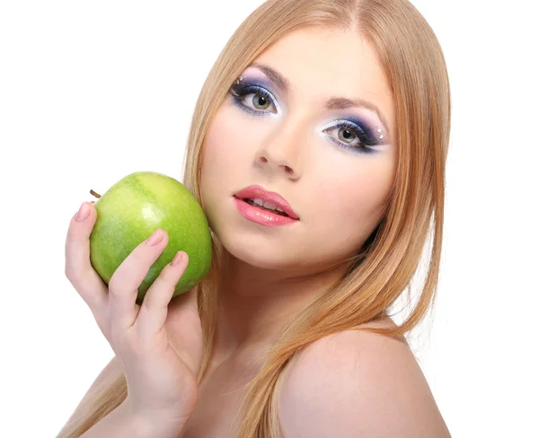 Beautiful young woman with glamour make up and apple, isolated on white — Stock Photo, Image