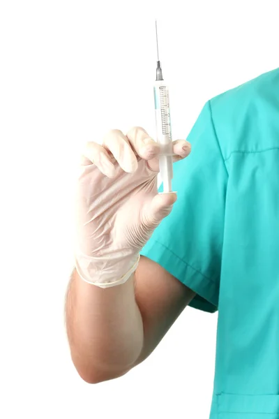 Doktor s injekční stříkačkou, izolované na bílém — Stock fotografie