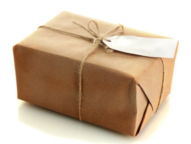 kraft kağıt, üzerinde beyaz izole kutusuyla parsel