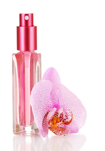 Women's perfume in beautiful bottle and orchid flower, isolated on white — Stock Photo, Image