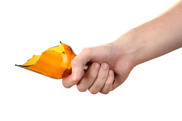 Male hand with broken glass bottle, isolated on white — Stock Photo, Image