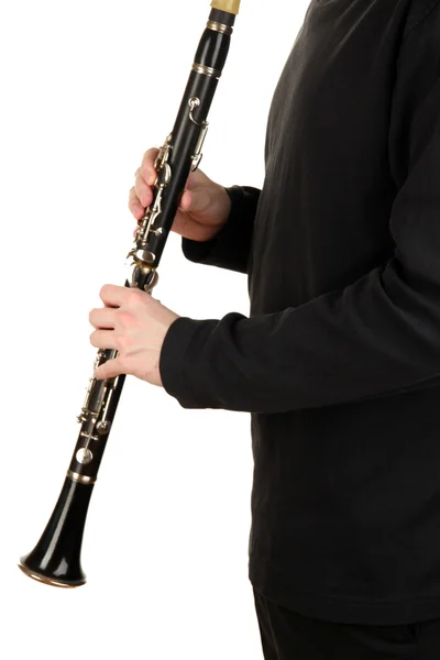 Músico tocando no clarinete isolado no branco — Fotografia de Stock