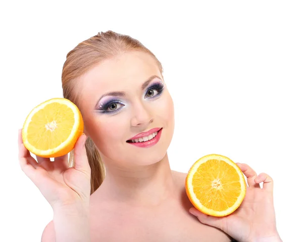 Beautiful young woman with glamour make up and orange, isolated on white — Stock Photo, Image