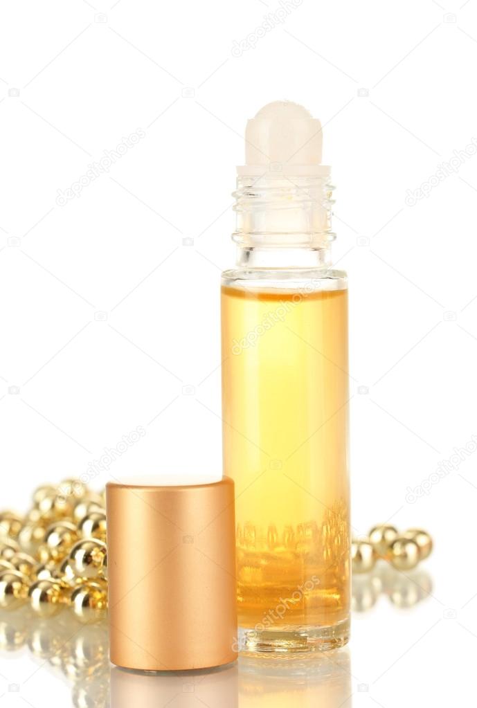 women's perfume in beautiful bottle and beads, isolated on white
