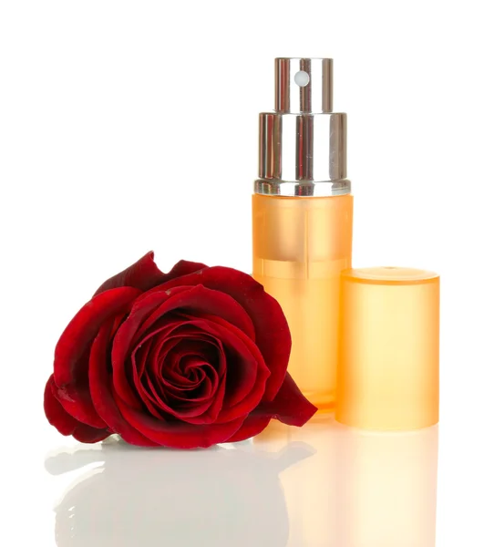Women's perfume in beautiful bottle with rose isolated on white — Stock Photo, Image
