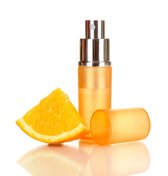 Women's perfume in beautiful bottle with orange isolated on white — Stock Photo, Image