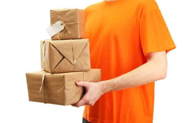 Mensajero con cajas de paquetes, aislado en blanco — Foto de Stock