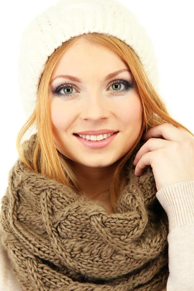 Young beautiful woman wearing winter clothing, isolated on white — Stock Photo, Image