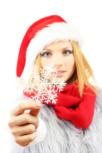 Attractive young woman holding decorative snowflake isolated on white — Stock Photo, Image