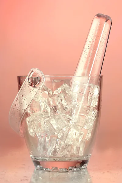 Balde de gelo de vidro no fundo vermelho claro — Fotografia de Stock