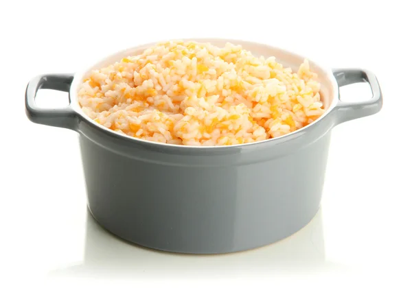 Pruebe la papilla de arroz con calabaza en cacerola, aislada en blanco — Foto de Stock