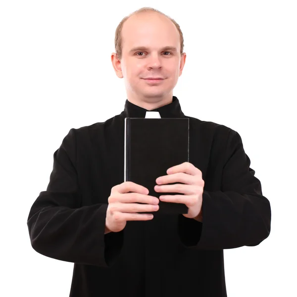 Joven pastor con Biblia, aislado en blanco —  Fotos de Stock