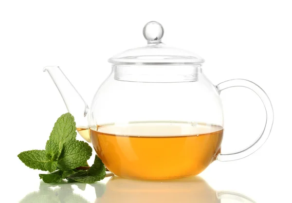 Teapot with mint isolated on white — Stock Photo, Image