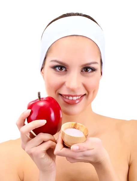 Mujer joven con fruto.Concepto: Máscaras faciales de frutas. Aislado sobre blanco —  Fotos de Stock