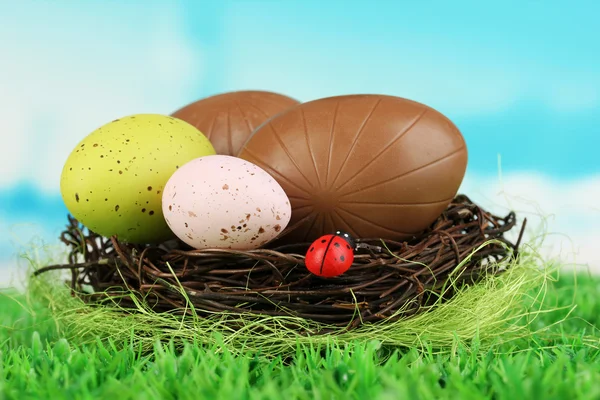 Composição de ovos de Páscoa e chocolate no ninho na grama no fundo natural — Fotografia de Stock