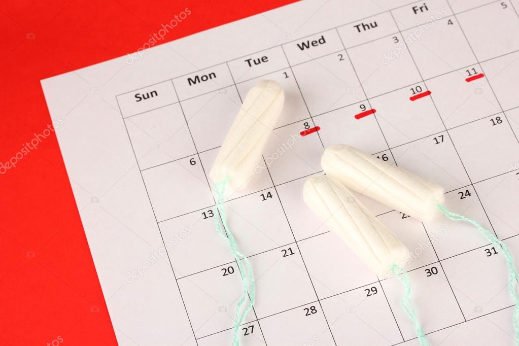 menstruation calendar with cotton tampons, close-up