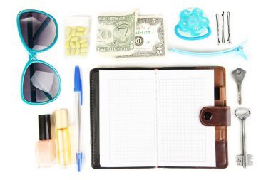 Beyaz izole kadın çanta içinde bulunan öğeleri