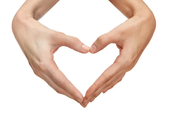 Duas mãos formam uma forma de coração, isolado em branco — Fotografia de Stock