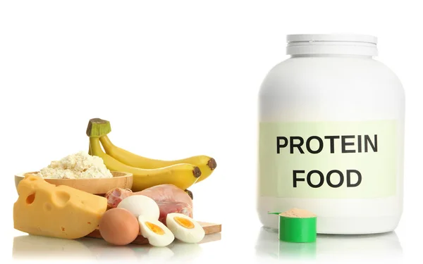 Frasco de proteína en polvo y alimentos con proteína, aislado en blanco —  Fotos de Stock