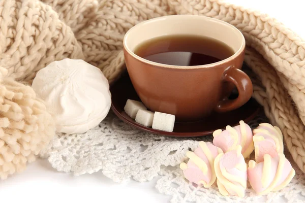 Tazza di tè con sciarpa primo piano — Foto Stock