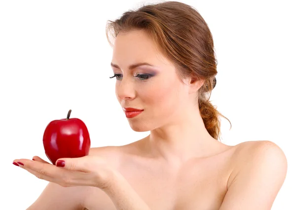 Hermosa joven con maquillaje brillante, sosteniendo manzana roja, aislada en blanco — Foto de Stock